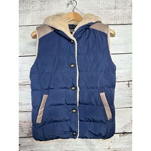 Zshow Womans Quilited Puffer Vest Hood Navy Blue Warm Fur Lined Size Medium‎ New